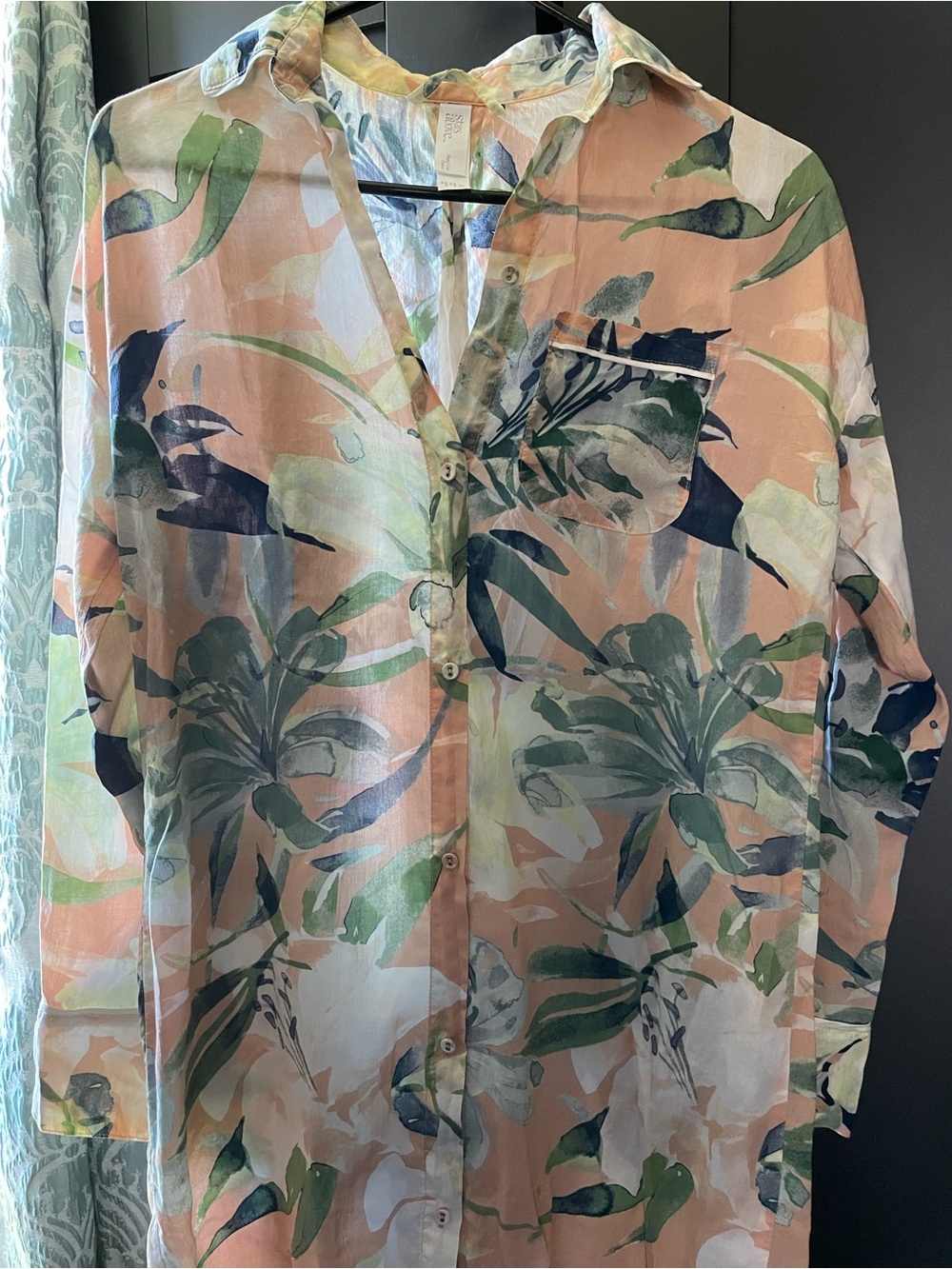Soft Peach Button-Up Shirt w/ adorable cloth covered buttons